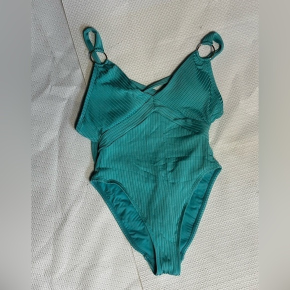 Robin Piccone Yasmine One-piece Swimsuit - Aqua Teal Plunge Silver Ribbed Size 2 - Picture 5 of 12